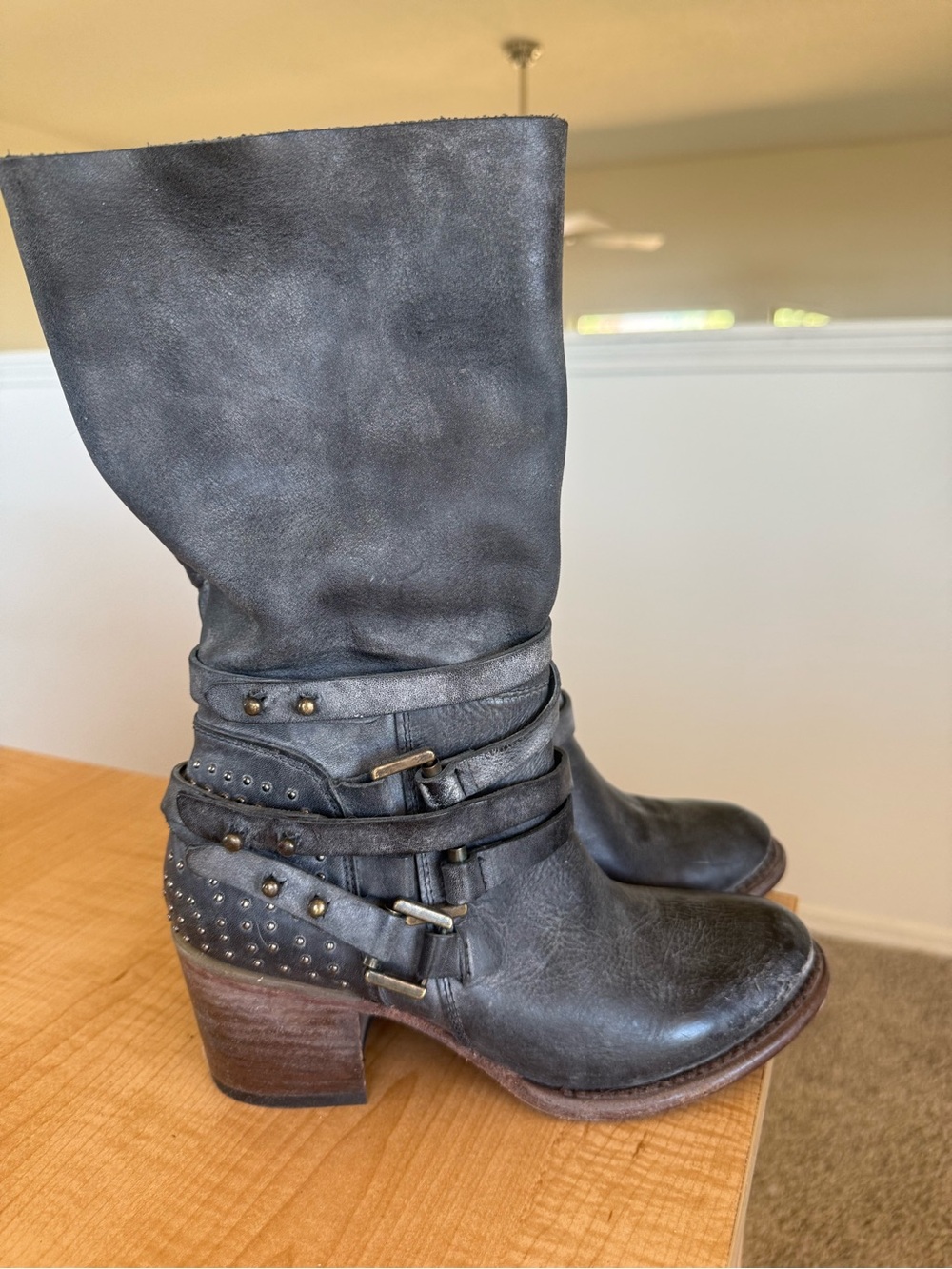 Freebird by Steven Grey Leather Mid-Calf Heeled Boots - Picture 5 of 5